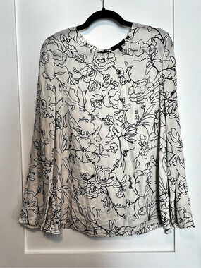 Theory Floral Long Sleeve Blouse in White & Black Size XL